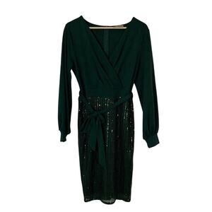 Grace Karin Womens Elegant Green Sequin Faux Wrap Dress Size-XL Holiday Party